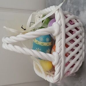 Pier 1 Hand-Painted Wooden Eggs Set With Basket NEW